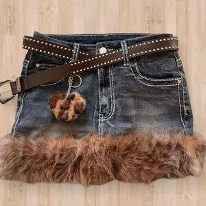 Denim Skirt with Fur Trim and Studded Belt